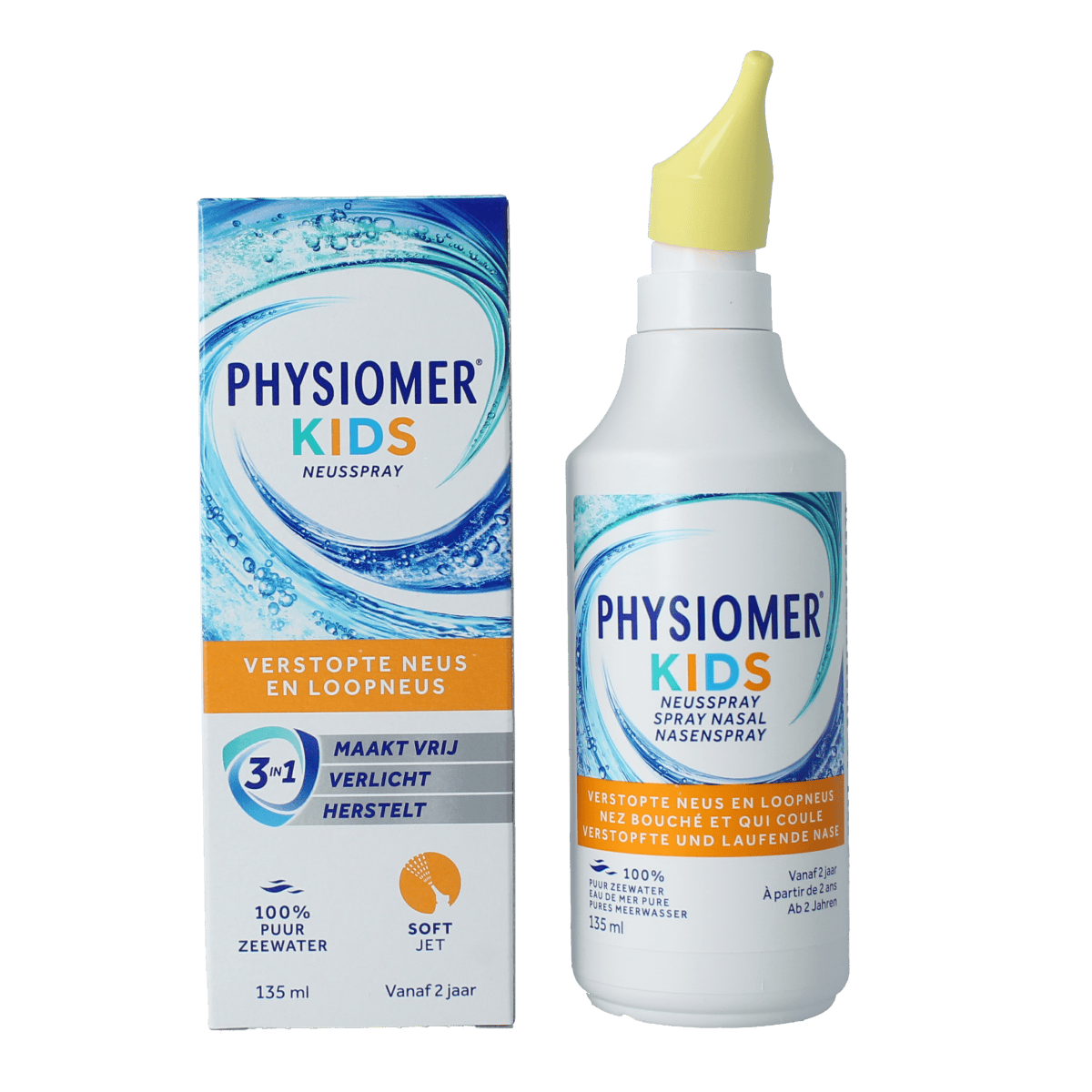 Physiomer Kids nasal care and inhalation spray in 135ml bottle, gentle nasal hygiene for children from Physiomer.
