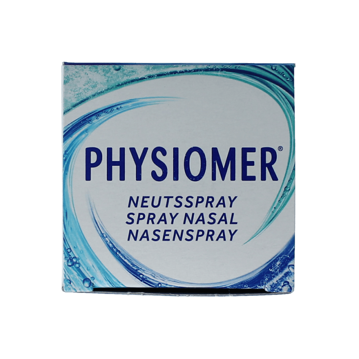 Physiomer Strong Jet nasal spray bottle for nasal care and inhalation, 210 ml, with a white and blue label and nozzle applicator