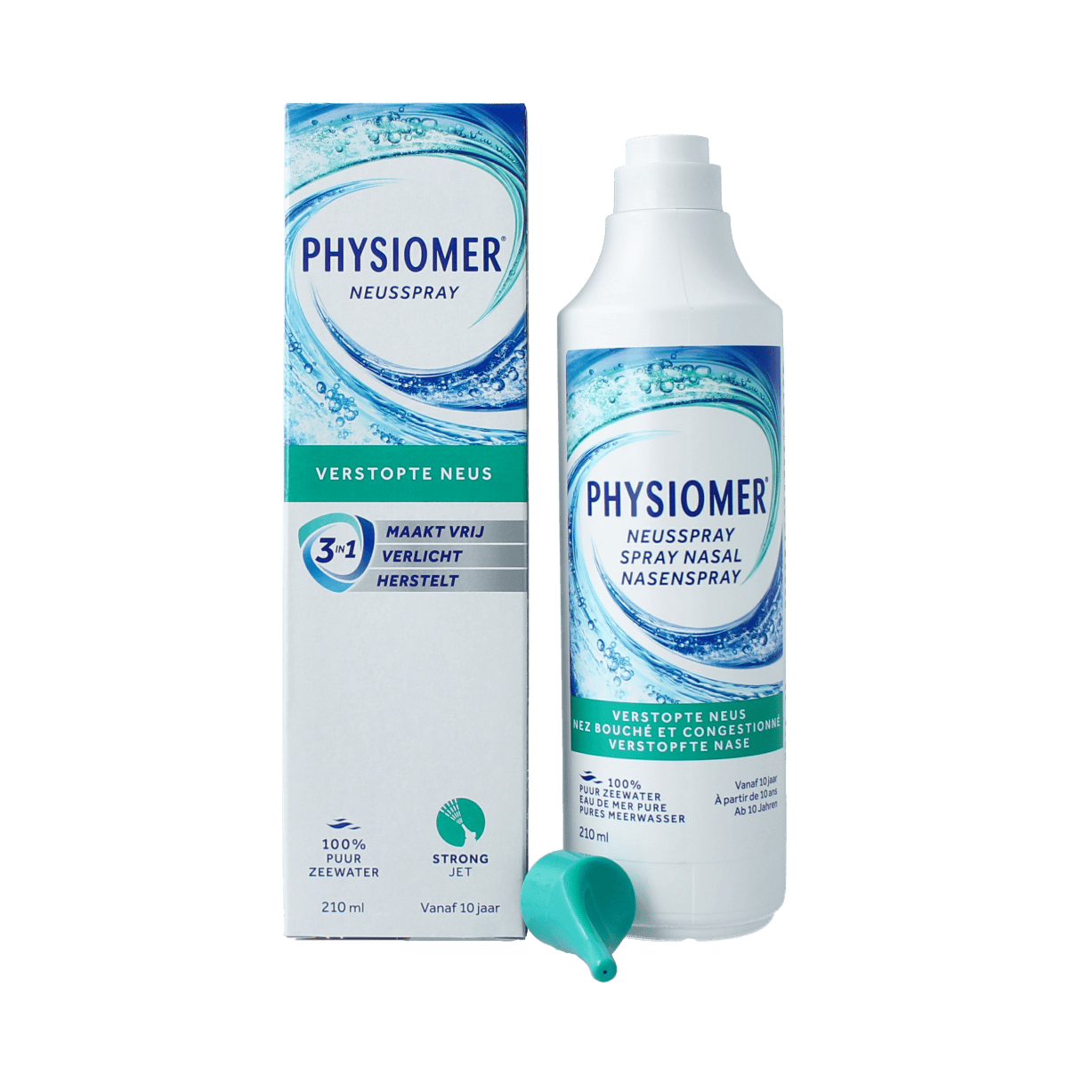 Physiomer Strong Jet nasal spray bottle, 210ml, for nasal care and inhalation, with clear packaging and nozzle visible.