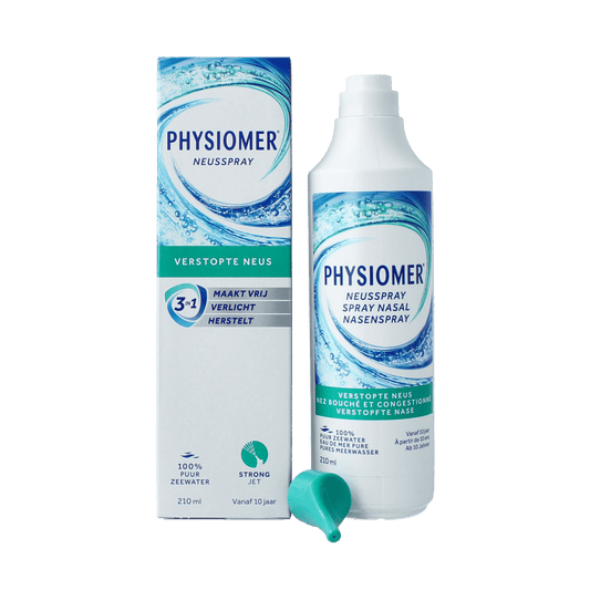 Physiomer Strong Jet nasal spray bottle, 210ml, for nasal care and inhalation, with clear packaging and nozzle visible.