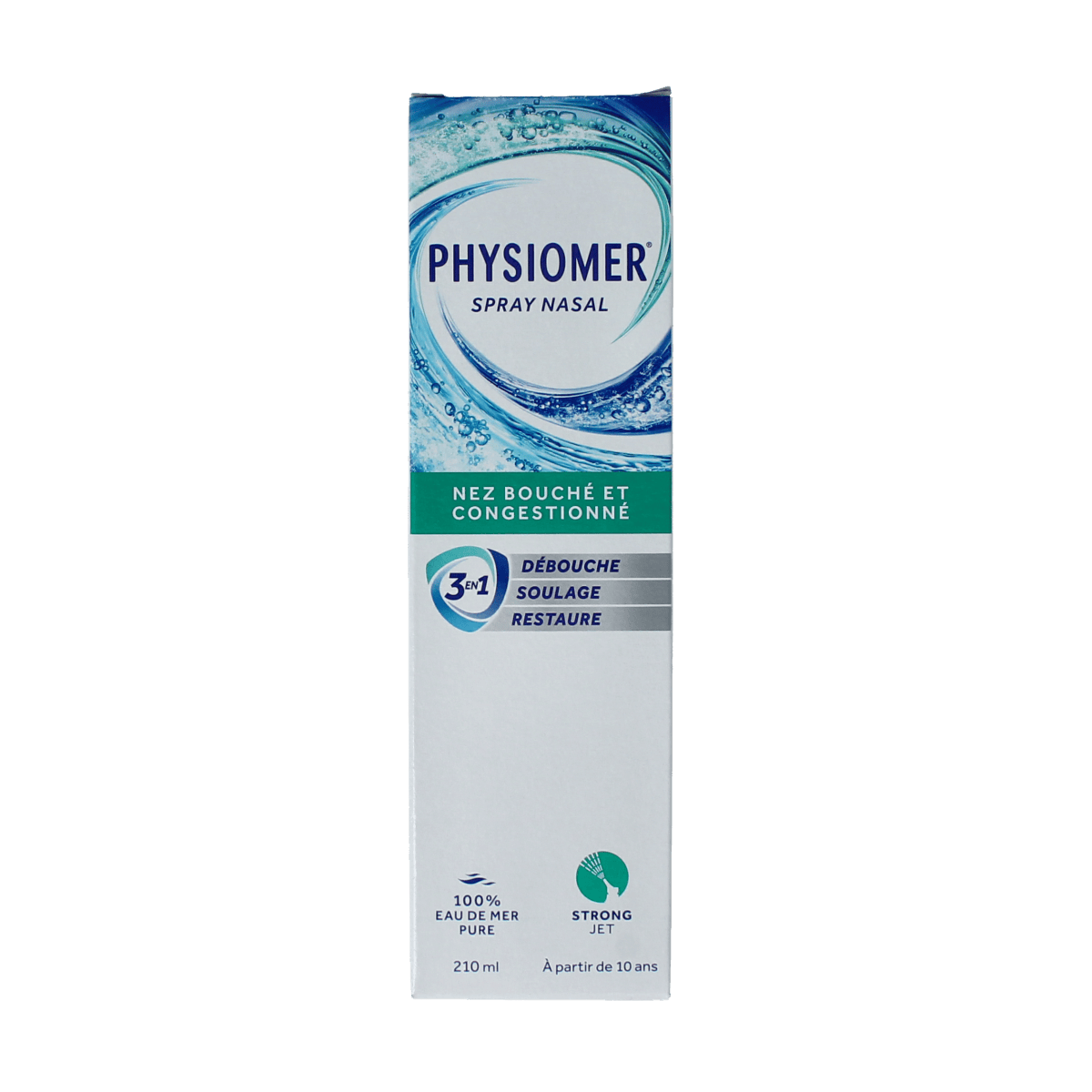 Physiomer Strong Jet nasal spray bottle, 210ml, for nasal care and inhalation, with a clear label and spray nozzle visible.