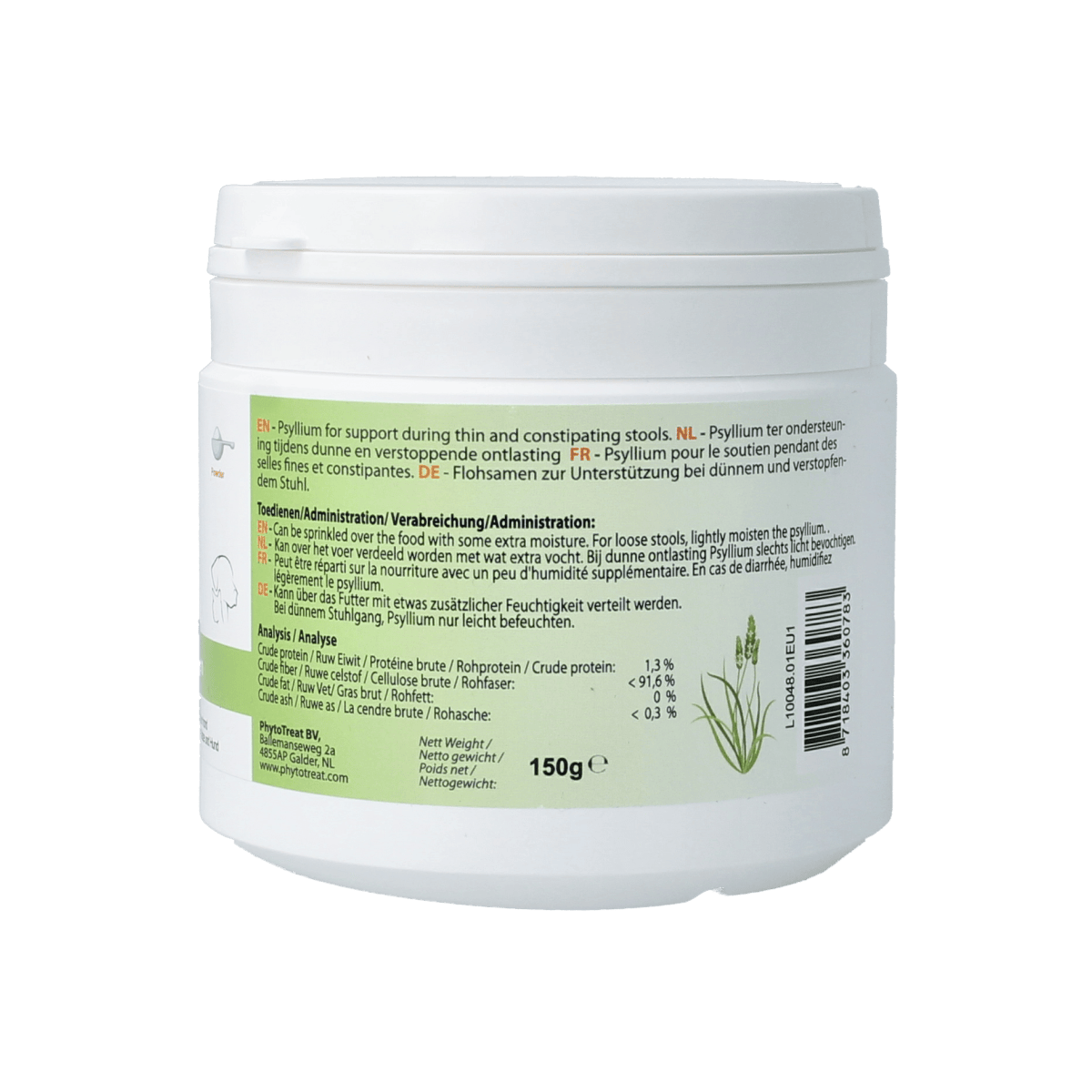 PhytoTreat Psyllium supplement for dogs, cats, and horses in 150g package, natural dietary fiber for animal health.