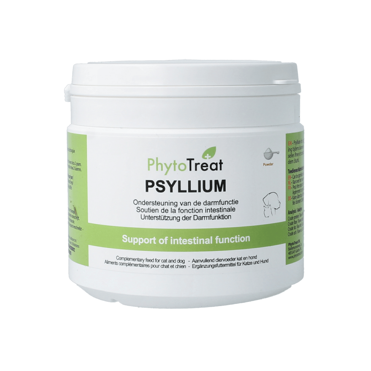 PhytoTreat Psyllium supplement for dogs, cats, and horses in 150g packaging, natural dietary fiber for animal health.