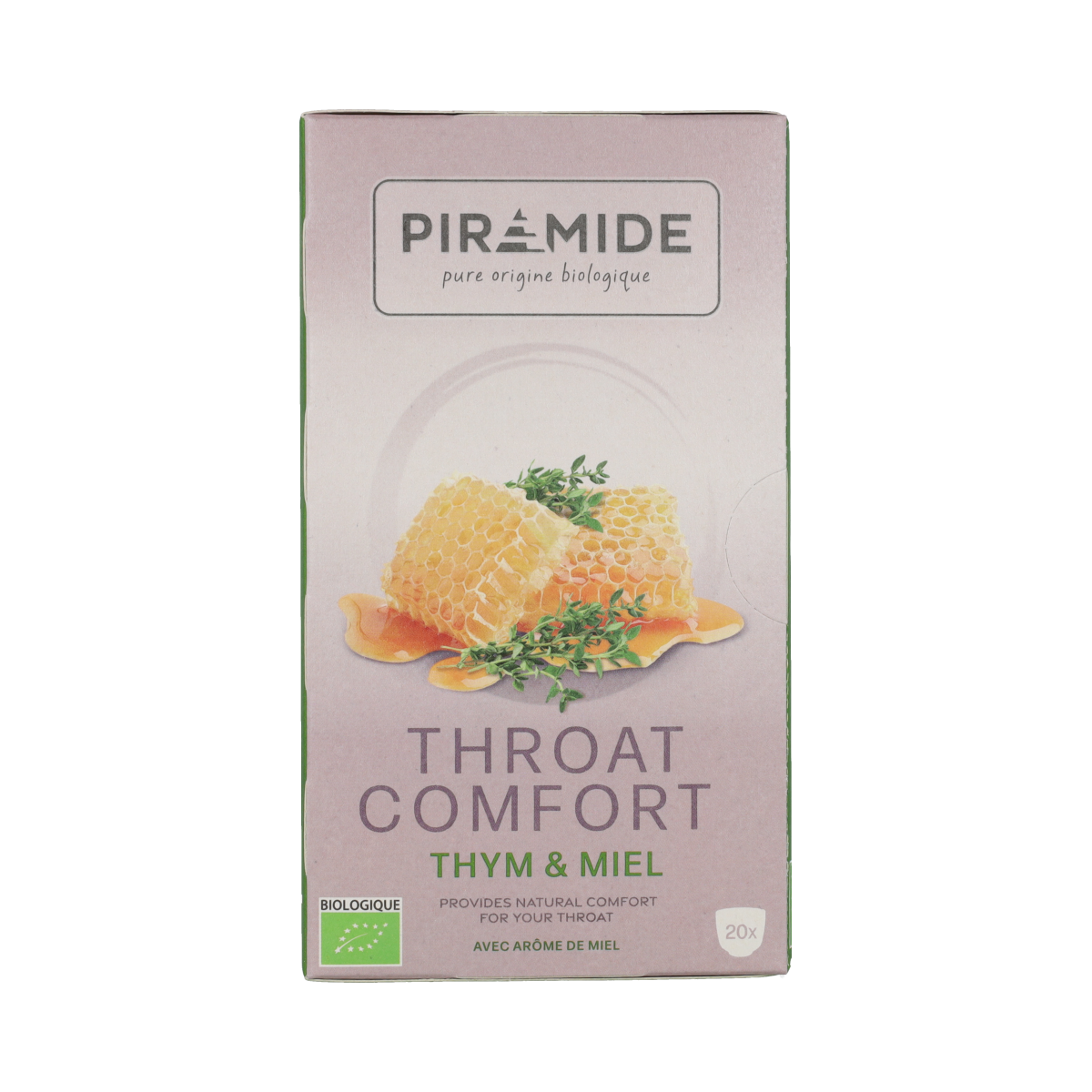 Piramide Throat Comfort herbal throat lozenges in a box, natural soothing remedy for sore throat relief.