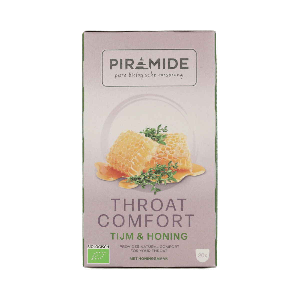 Piramide Throat Comfort lozenges in a box, natural herbal throat relief, 20 pieces, soothing throat care from Piramide brand.