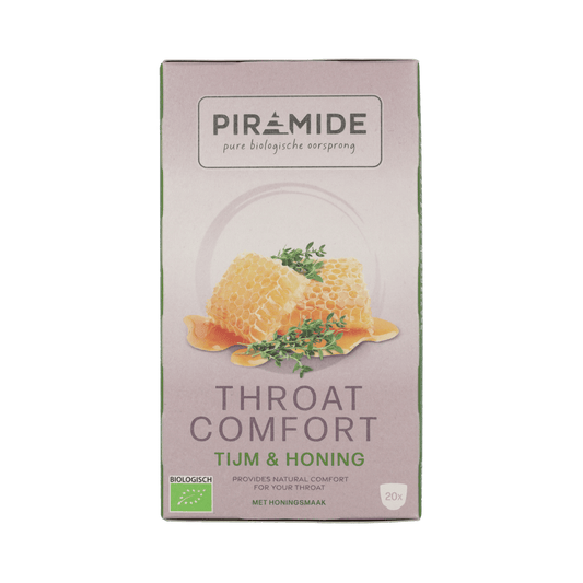 Piramide Throat Comfort lozenges in a box, natural herbal throat relief, 20 pieces, soothing throat care from Piramide brand.