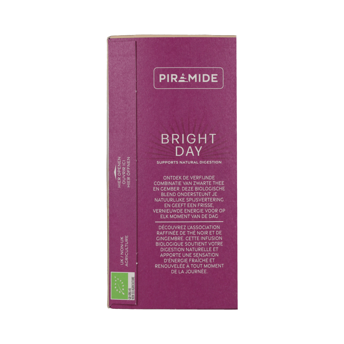 Piramide Bright Day coffee and tea pyramid tea bags, 20 packs, in a box with individual pyramid-shaped tea bags visible inside.