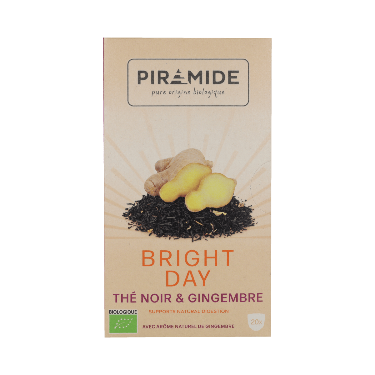 Piramide Bright Day coffee and tea pyramid tea bags, 20-pack, with herbal and fruit infusions in a colorful box.