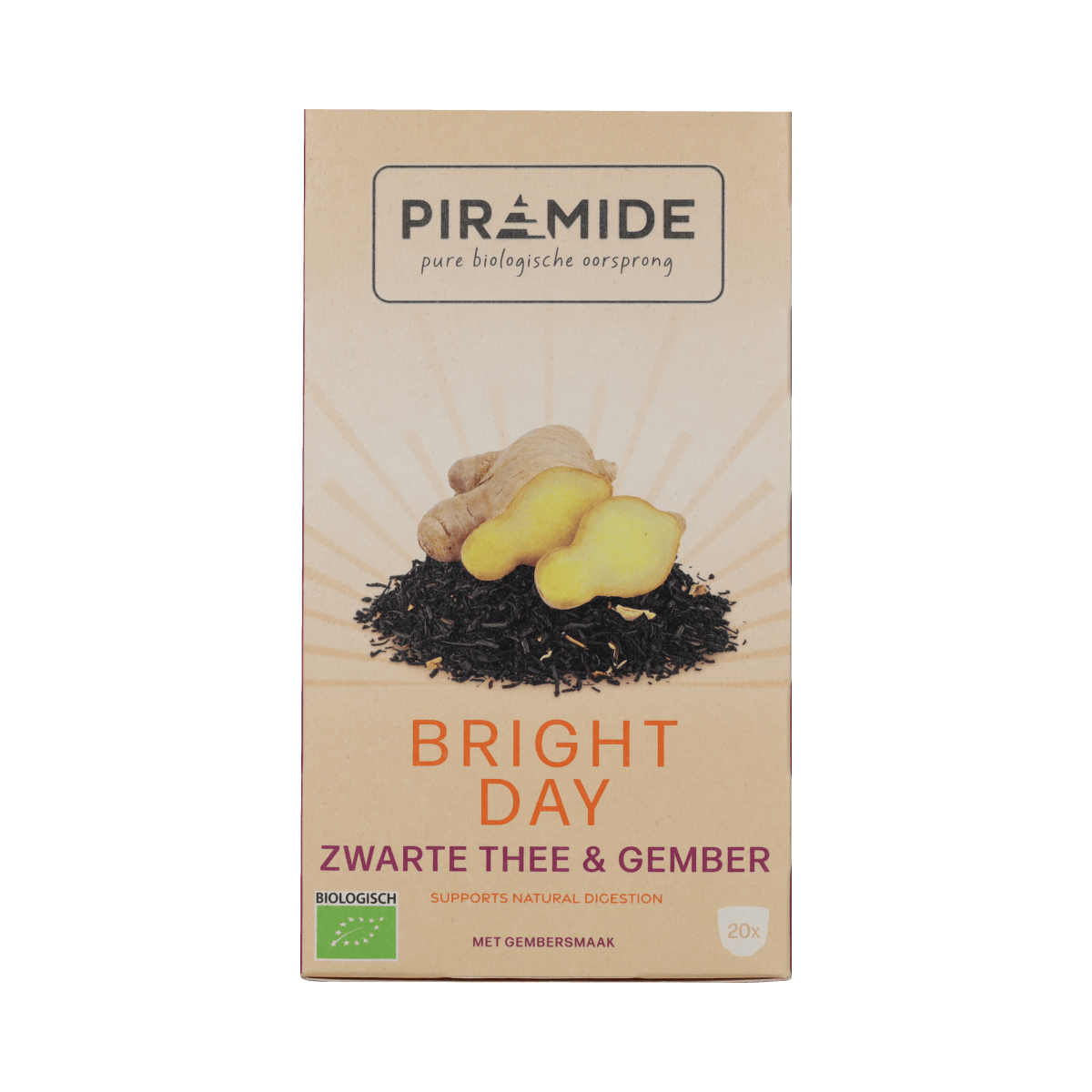 Piramide Bright Day coffee and tea pyramid tea bags in a box of 20, for flavorful brewing and aromatic enjoyment.