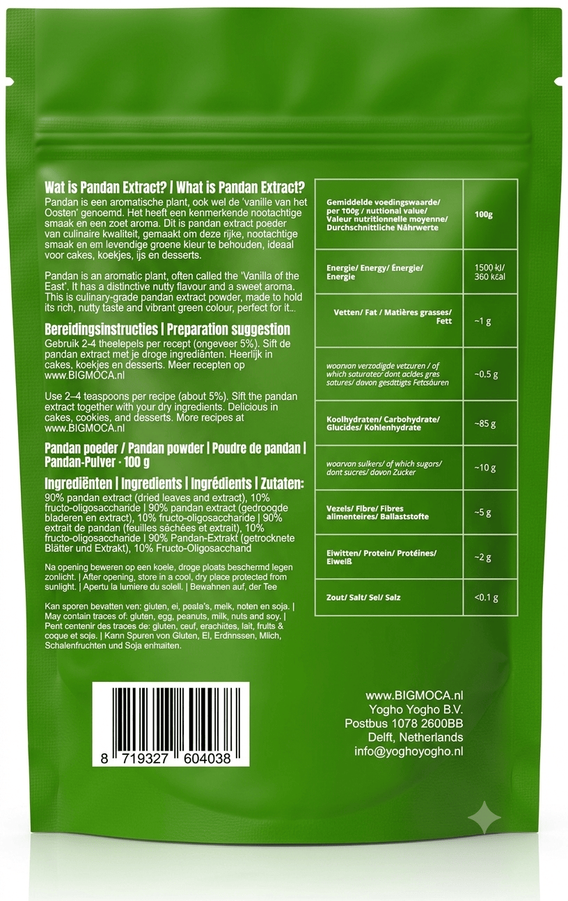 Powerful People Big Moca Pandan Extract Powder 100g, herbal seasoning and flavoring in a clear container with label.