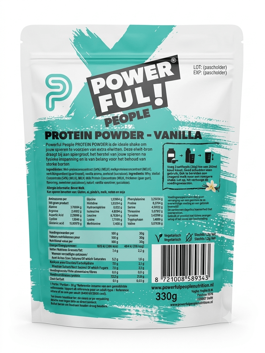 Powerful People Vanille Proteïnepoeder, sportvoeding in 330g container with vanilla flavor, high-protein supplement for athletes
