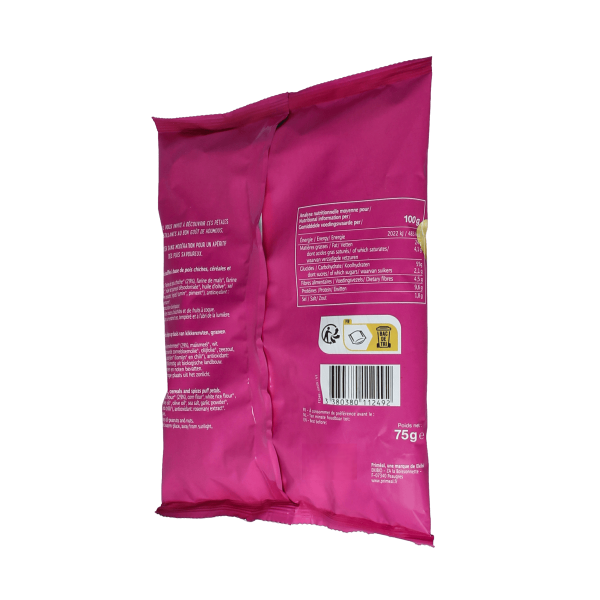 Primeal Chips en Zoutjes bio hummus flavor in a 75g package, showing crispy chips with hummus seasoning.