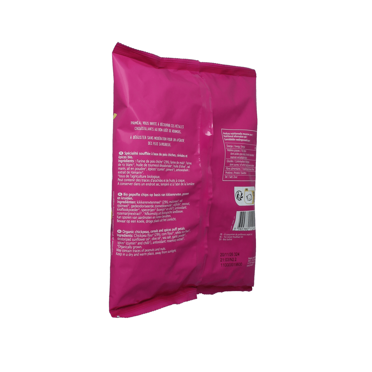 Primeal Chips en Zoutjes with hummus flavor, organic chips in a 75g package, crispy snack with hummus coating.