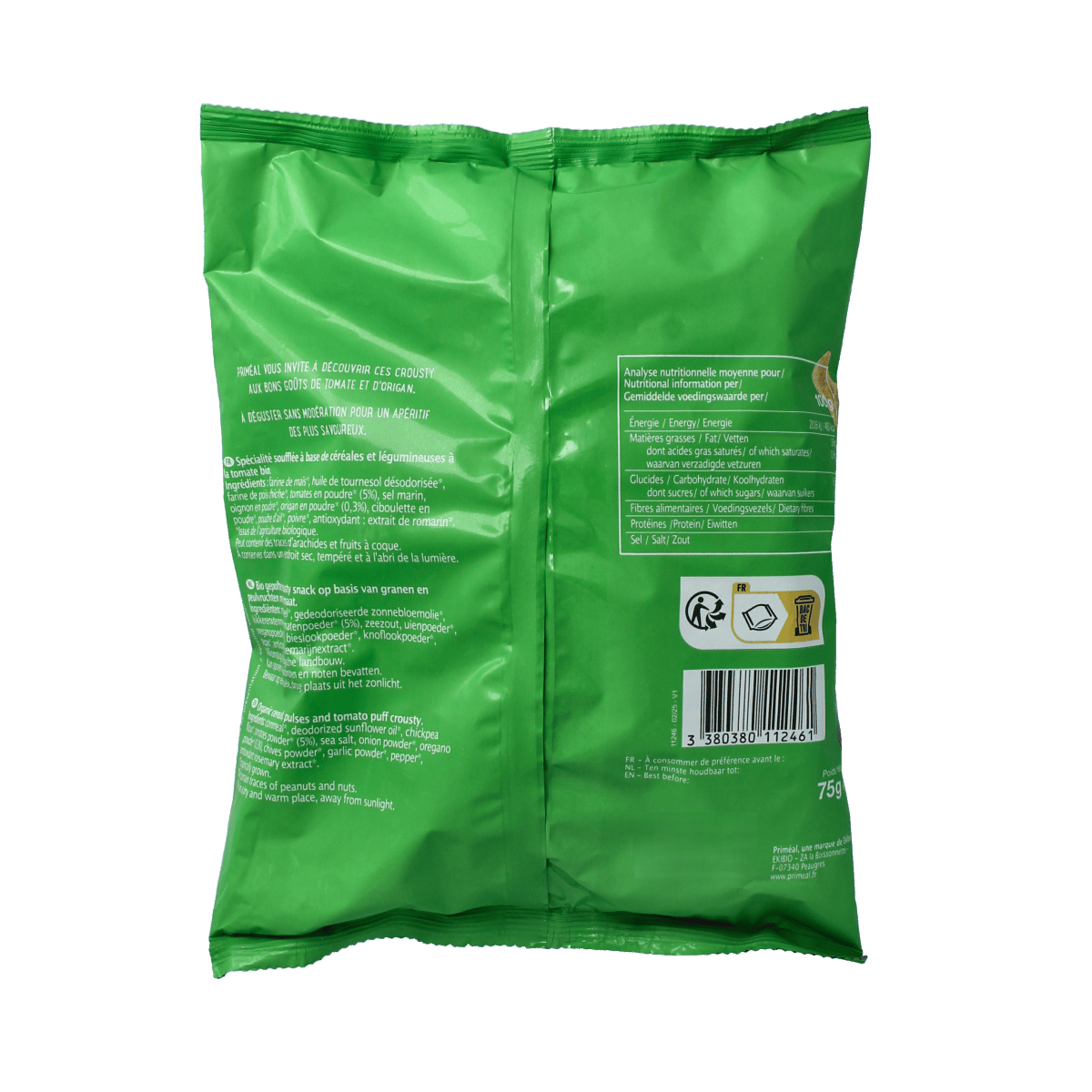 Primeal organic tomato and oregano flavored chips in a 75g bag, showing crispy chips with tomato and oregano seasoning.