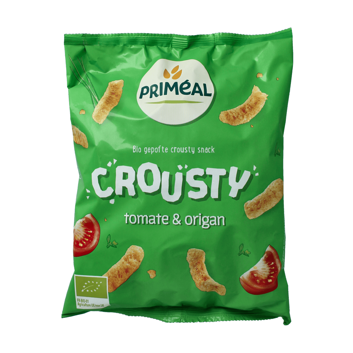 Primeal organic tomato and oregano flavored chips in a 75g bag, crispy snack with natural tomato and oregano ingredients.