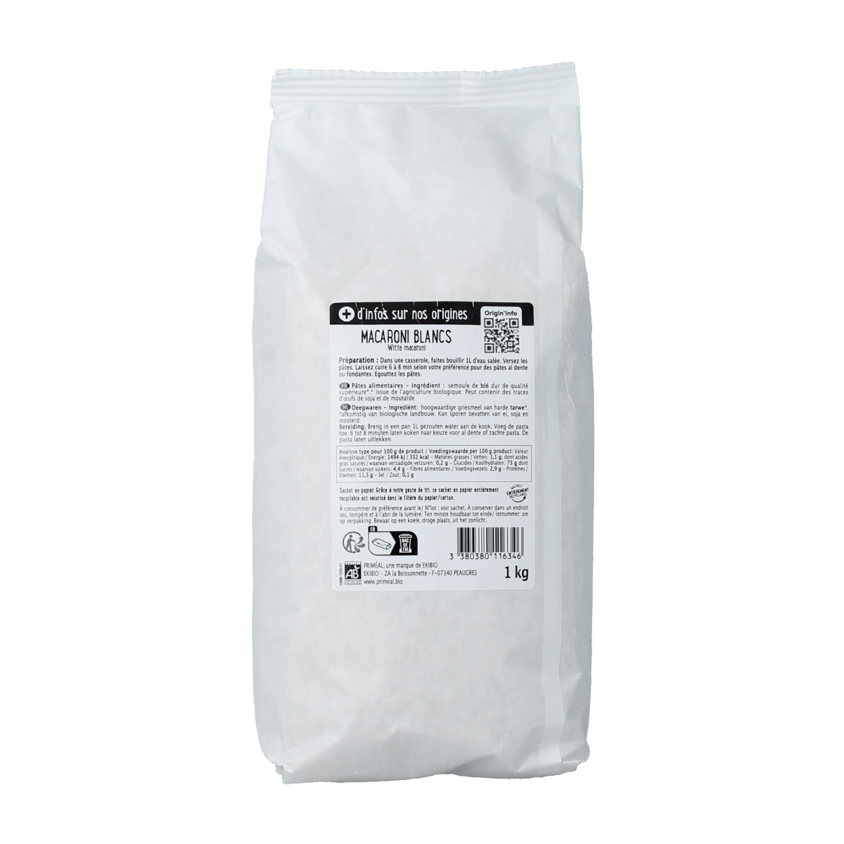 Primeal bio witte macaroni pasta in a 1000g package, natural and organic Italian-style pasta product.