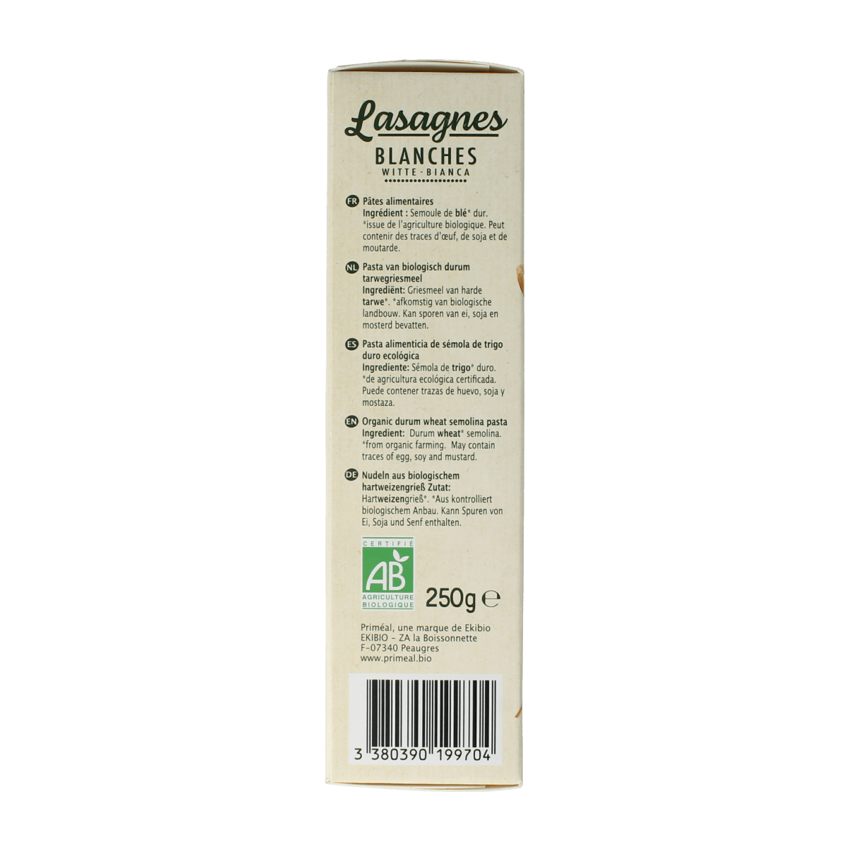 Primeal Witte Lasagne bio pasta and rice, 250g, showing neatly stacked white lasagne sheets in a clear package.