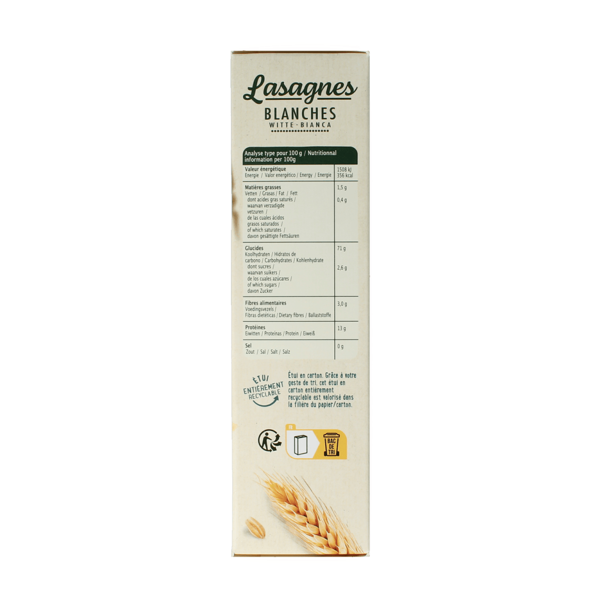 Primeal Witte Lasagne bio pasta and rice, 250g package, with uncooked white lasagne sheets in clear packaging.
