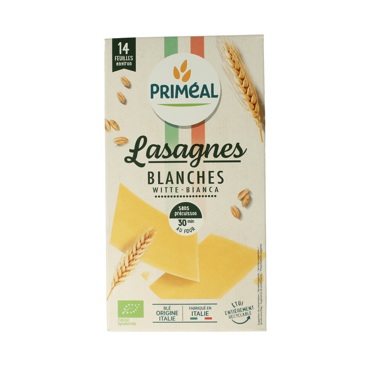 Primeal Witte Lasagne bio pasta en rijst, 250g, uncooked white lasagne sheets for baking or cooking.