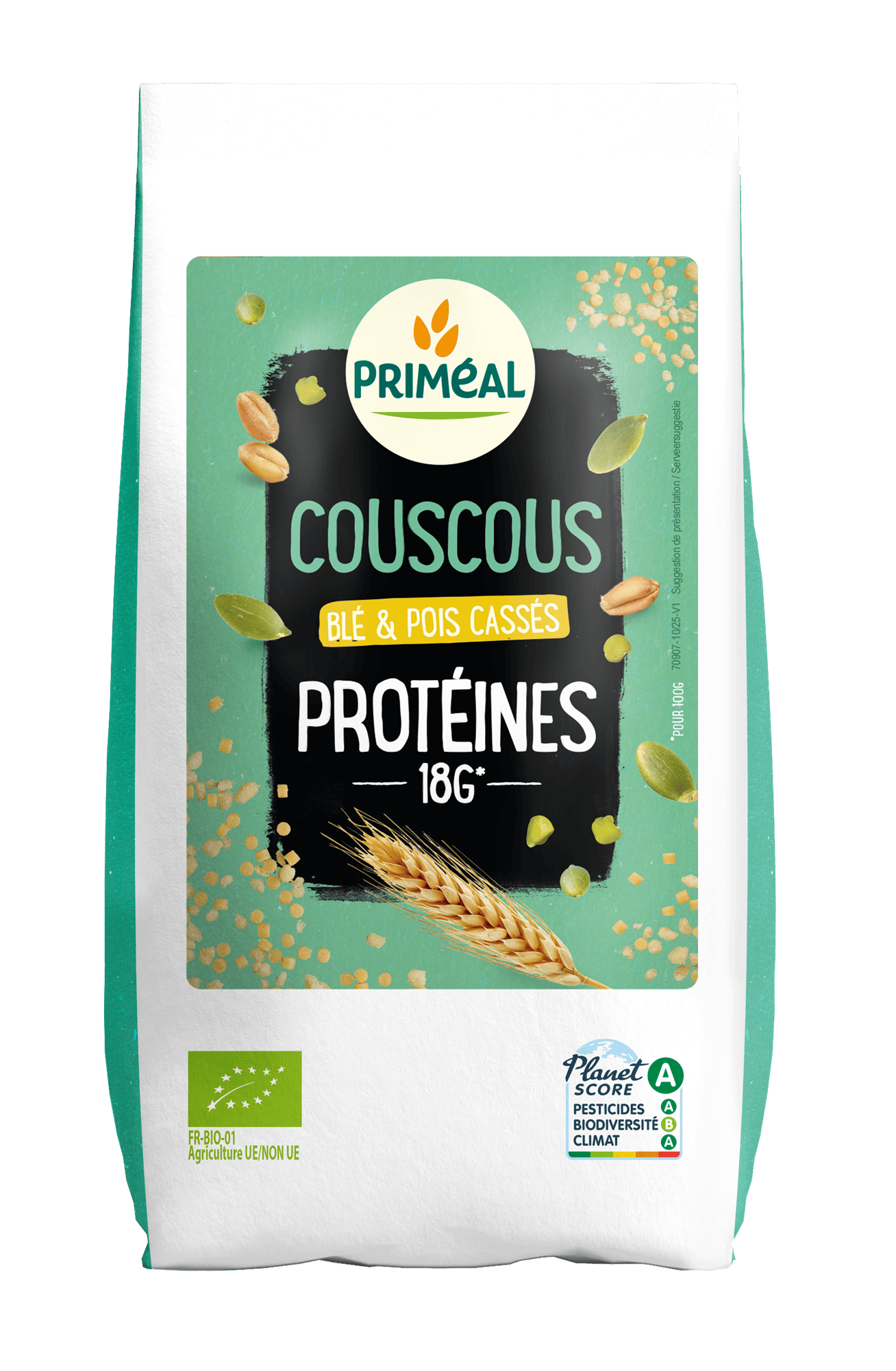 Primeal Couscous Proteine Bio 400g, organic pasta and rice blend with protein, in a clear package with a white and green label.