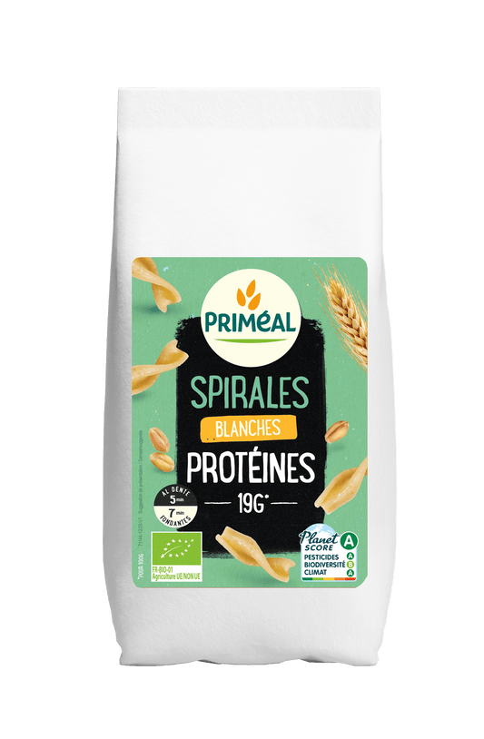 Primeal organic spiral rice pasta with protein, 400g, uncooked, showing the package of Primeal Spiraal pasta en Rijst.