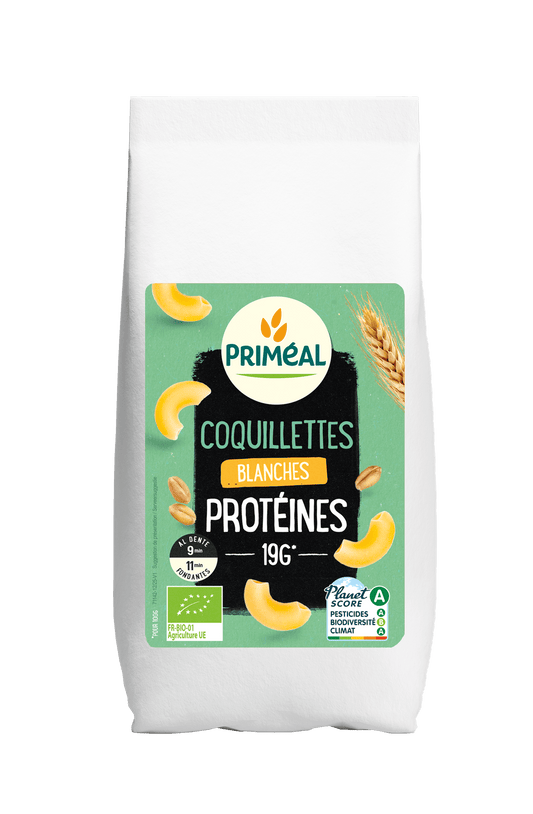 Primeal organic white elbow macaroni pasta in a 400g package, showing the pasta shape and packaging label.