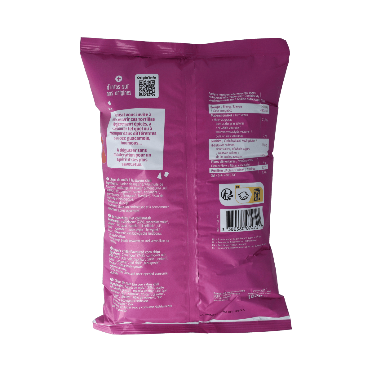 Primeal chili bio tortillas, 125g, round wraps with chili flavor, suitable for pizza or wraps, fresh and organic.
