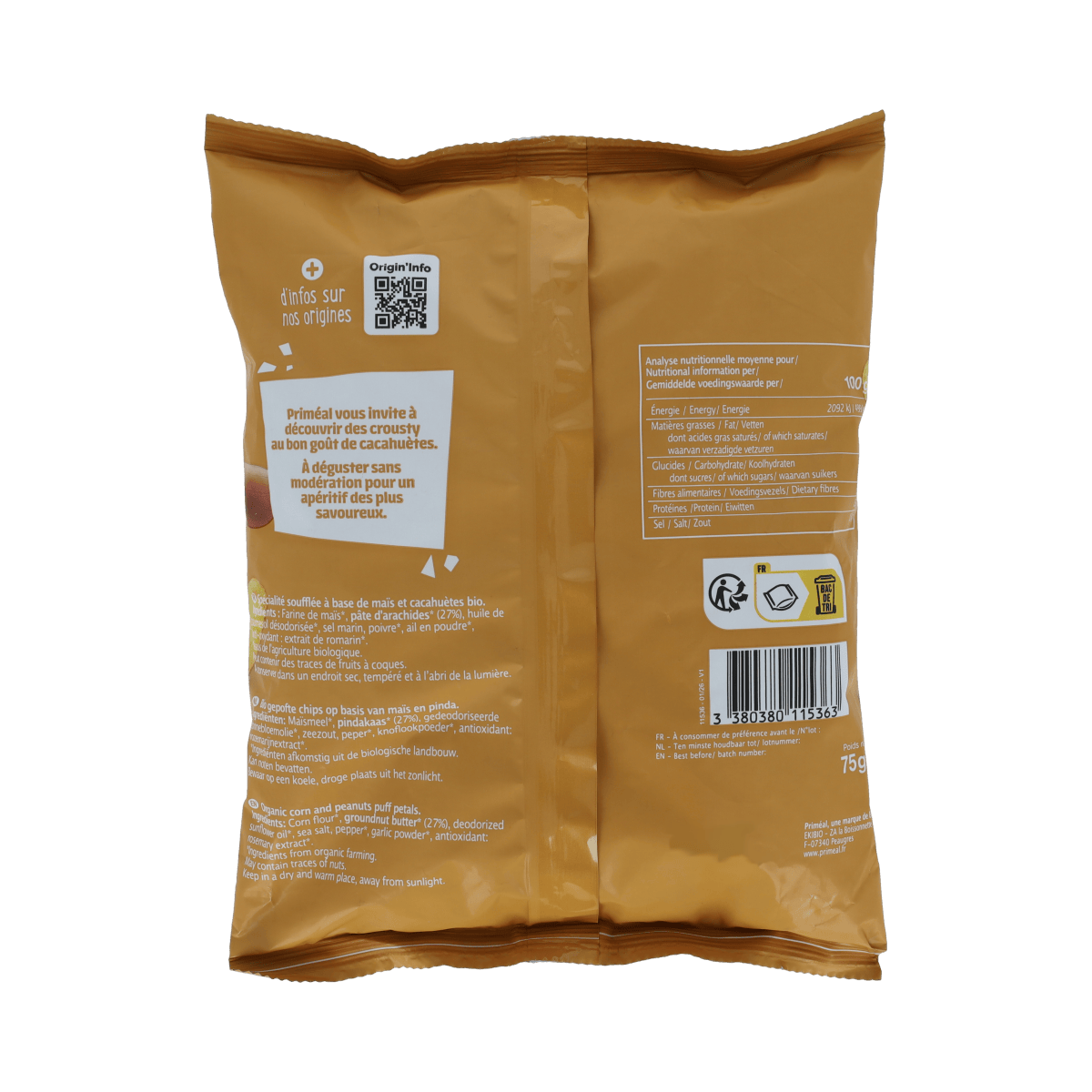 Primeal gluten-free peanut chips in 75g bag, crunchy snack with roasted peanuts and natural ingredients.