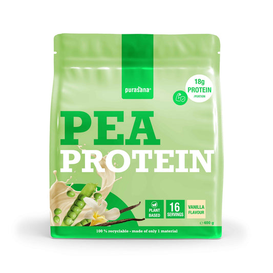 Purasana Plant Protein Erwt Vanille 400g container, natural plant-based amino acids supplement with vanilla flavor.