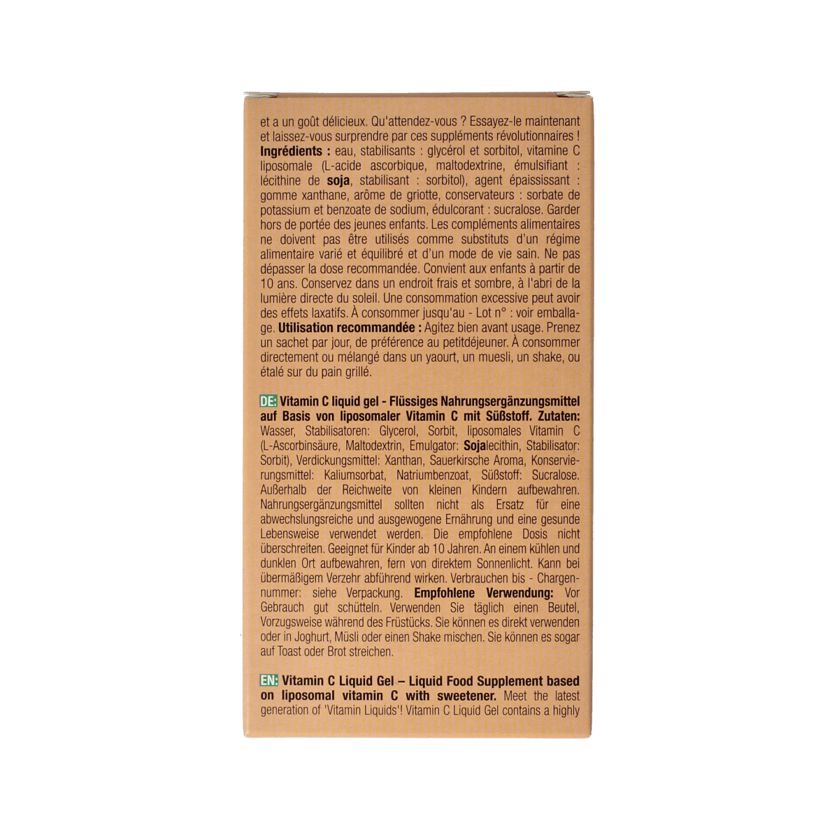 Purasana Vitamin C liquid gelstick 10ml pack with 15 disposable vitamin C gelsticks in a natural, portable packaging.