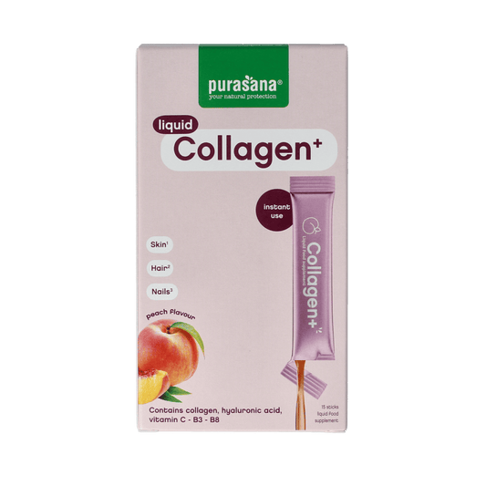 Purasana Collagen Liquid Gelstick 10ml, a dietary supplement with 15 sticks, shown in a close-up shot of the product packaging.