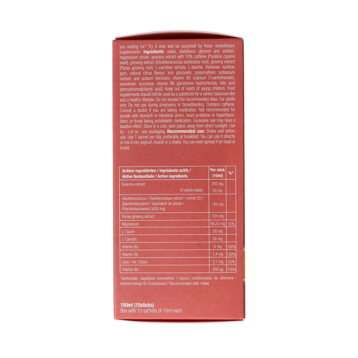 Purasana Energy liquid gelstick 10ml, a dietary supplement in a transparent tube with a screw cap, displayed on a white background.