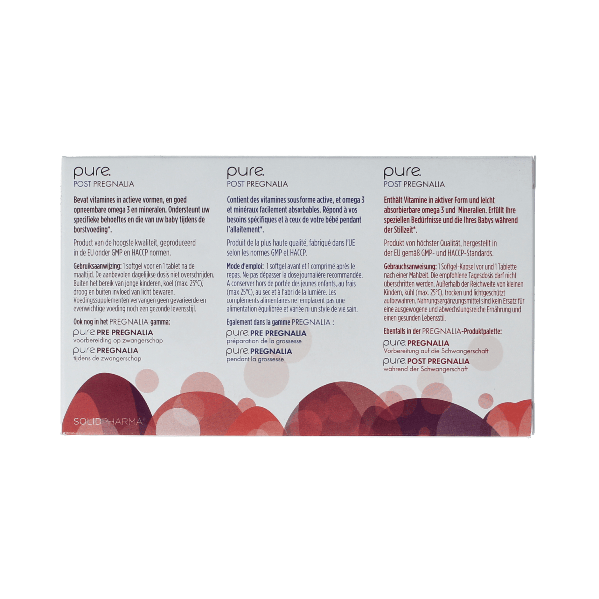 Pure Post Pregnalia supplement with 30 tablets and 30 softgels, designed for postpartum support and recovery.