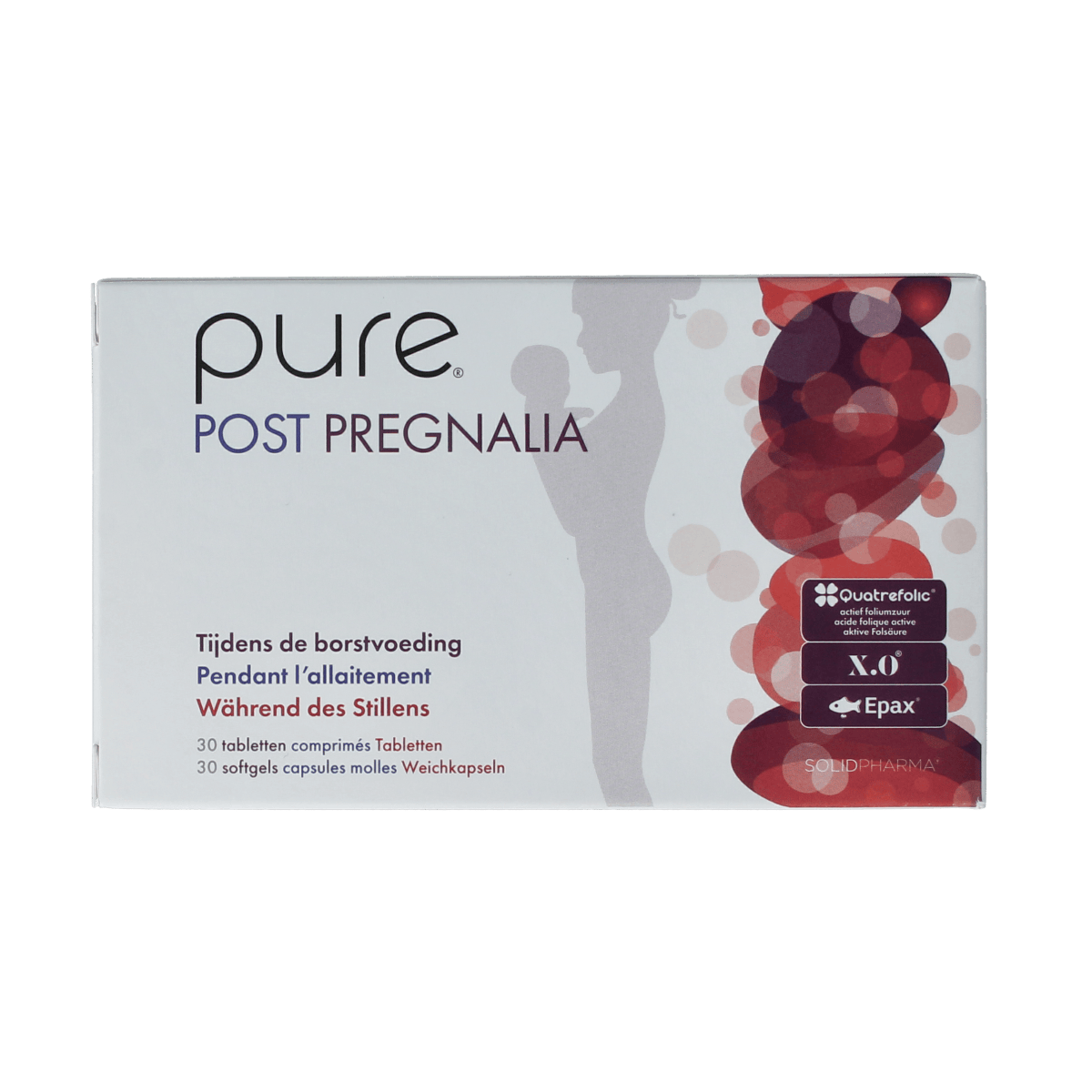 Pure Post Pregnalia dietary supplement with 30 tablets and 30 softgels, designed for pregnancy support.