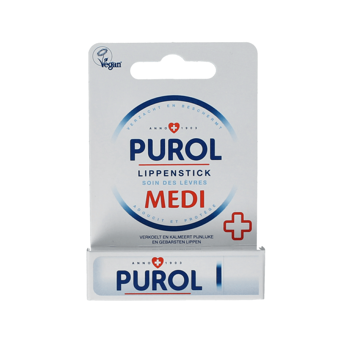Purol Lippenstick medi 4.80g lip balm stick for nourishing lip care with natural ingredients, in a sleek packaging.