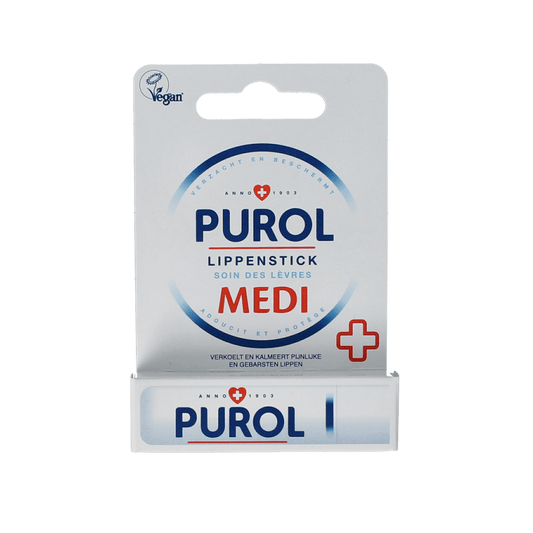 Purol Lippenstick medi 4.80g lip balm stick for nourishing lip care with natural ingredients, in a sleek packaging.