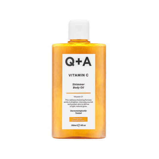 Q+A Vitamin C Shimmer Body Oil in 150ml bottle, moisturizing body care with a luminous shimmer finish.