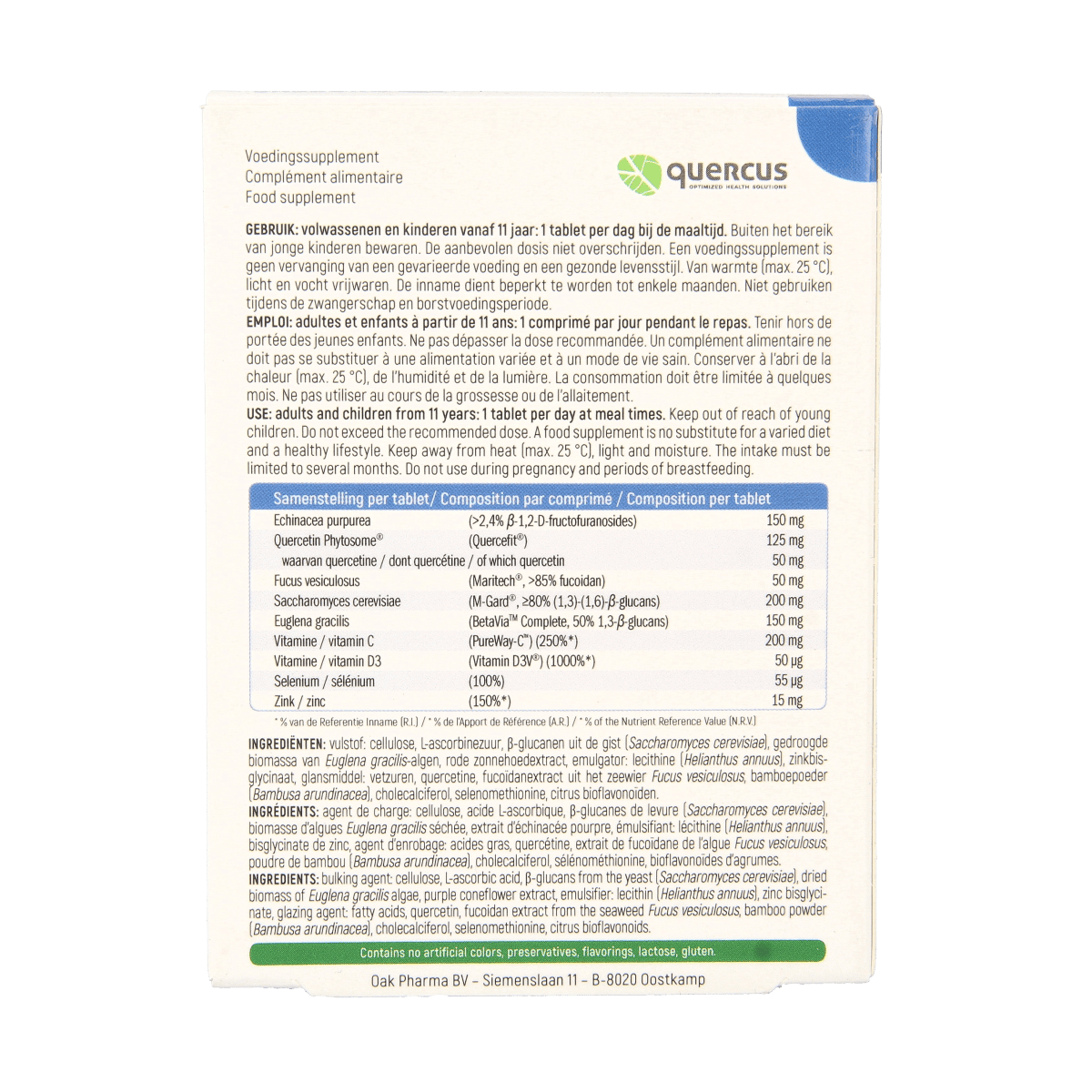 Quercus Immuprotect Forte herbal supplement tablets in a white bottle with a colorful label, showing 30 tablets.