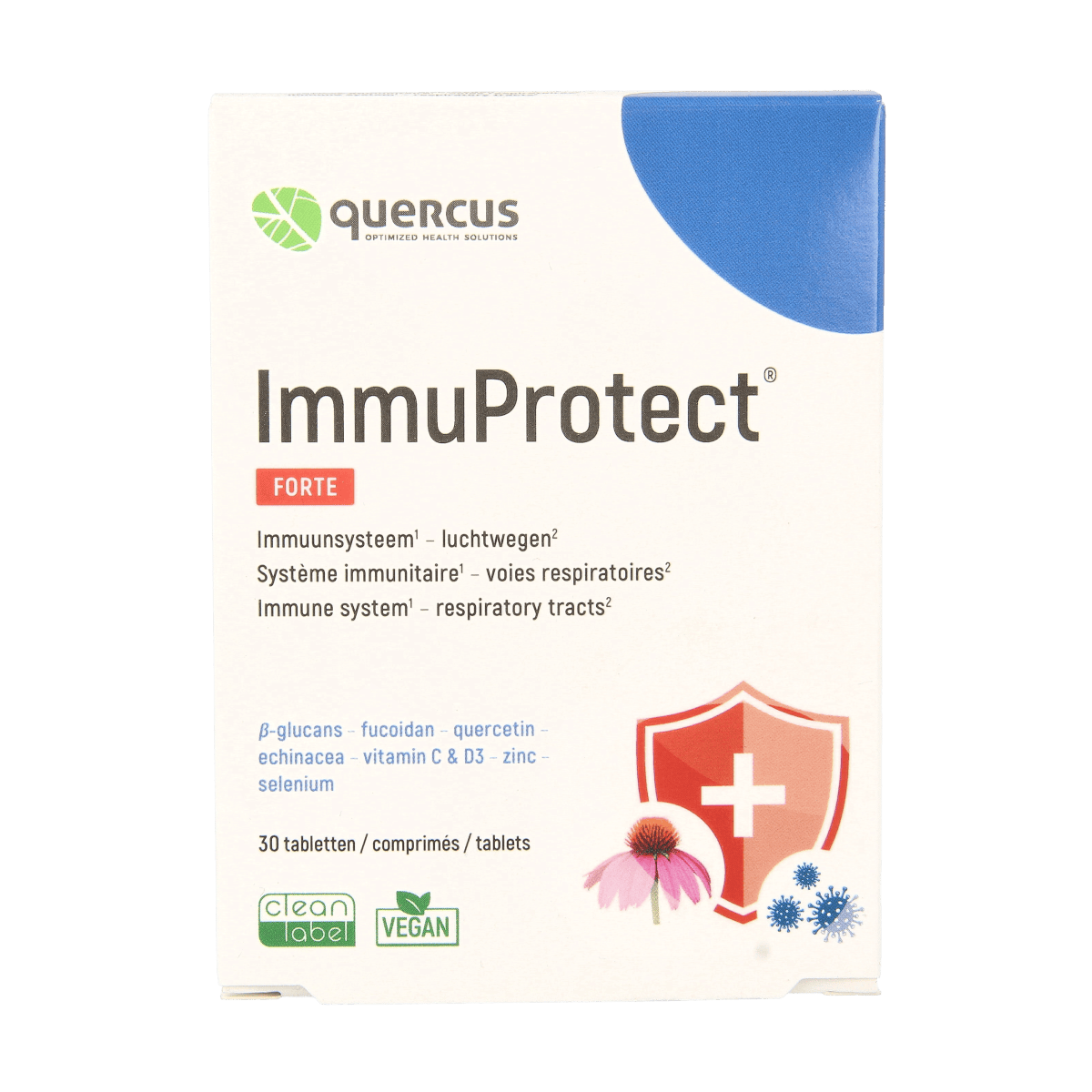 Quercus Immuprotect Forte herbal supplement tablets in a bottle, natural immune support product by Quercus.