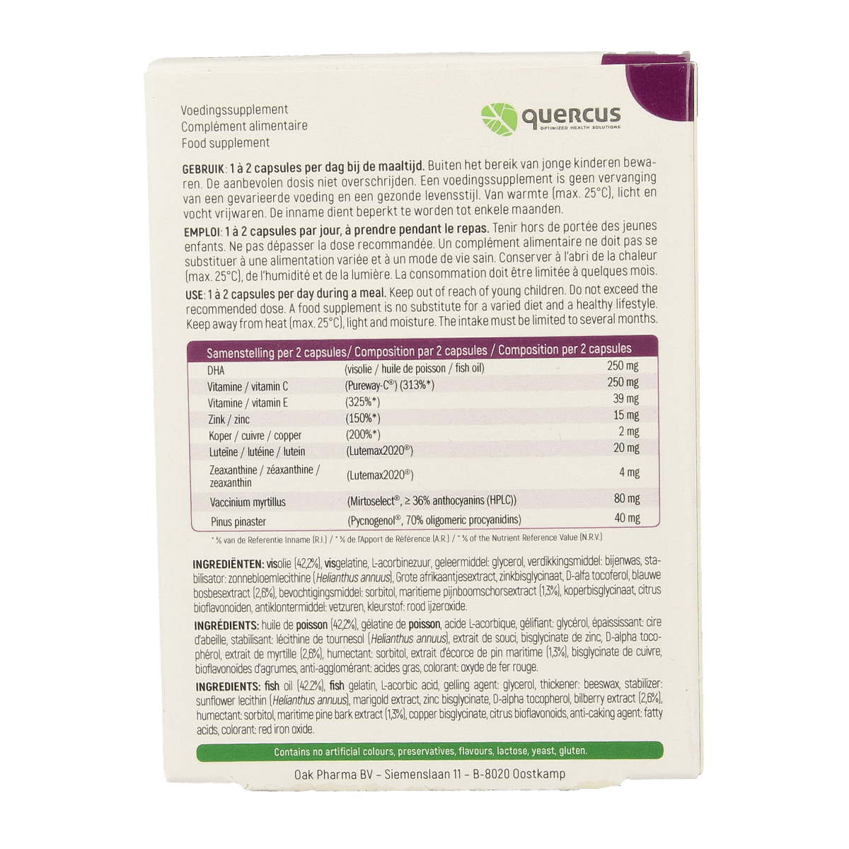Quercus Macu-Vision multivitamin capsules in a clear bottle, featuring colorful capsules for eye health and daily nutritional support.