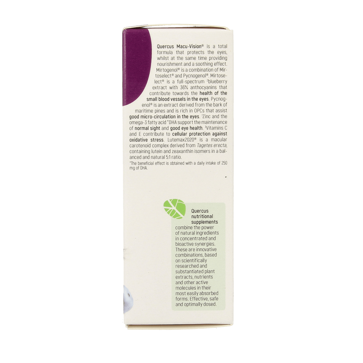 Quercus Macu-Vision multivitamin capsules in a white bottle, designed to support eye health and vision.