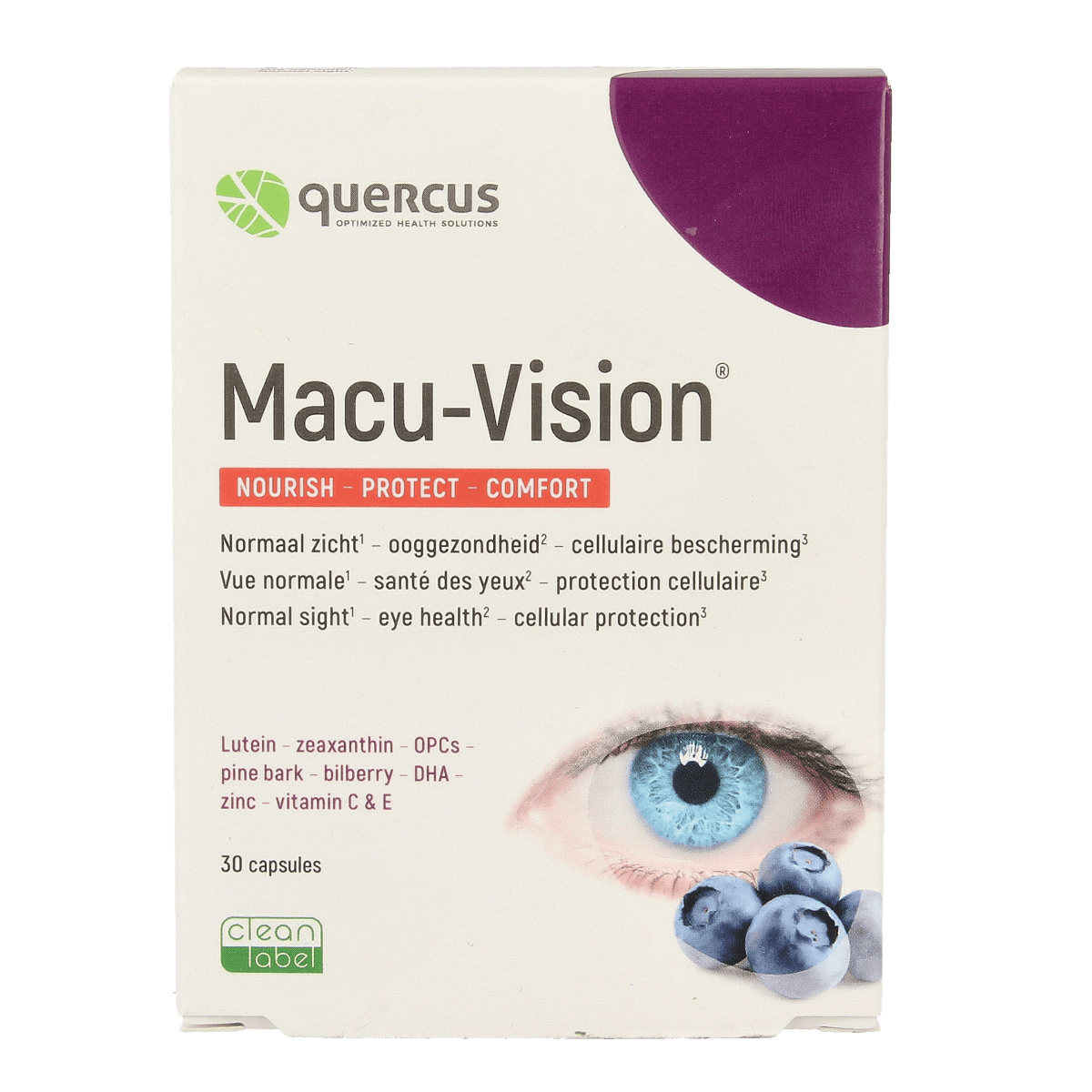 Quercus Macu-Vision multivitamin capsules, a dietary supplement with 30 capsules for eye health and overall wellness.