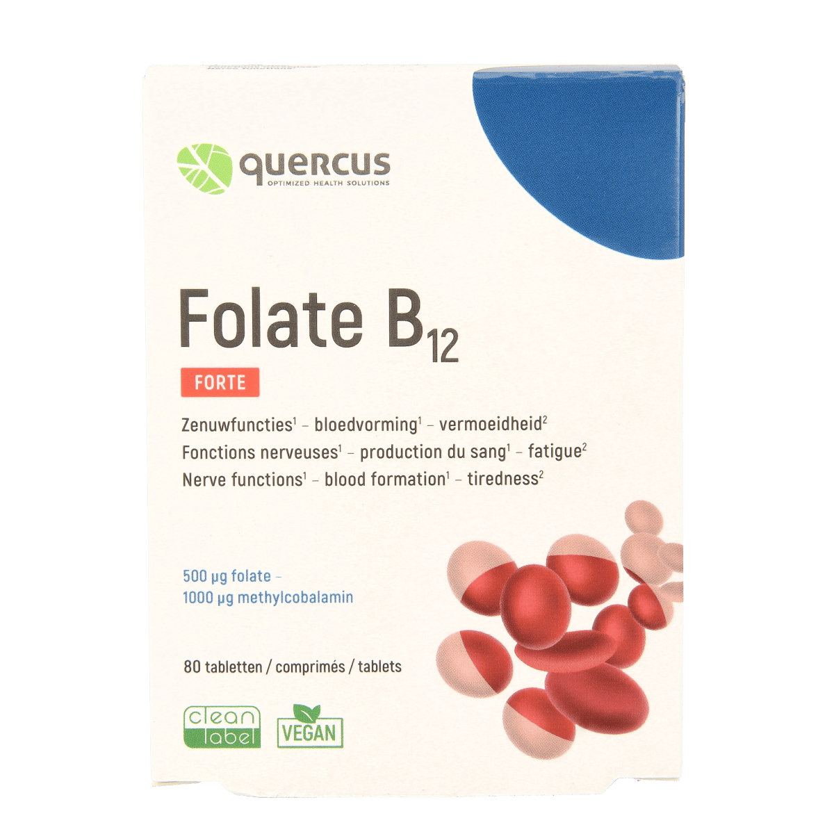 Quercus Folate B12 multivitamin tablets in a blister pack, dietary supplement for overall health and wellness.