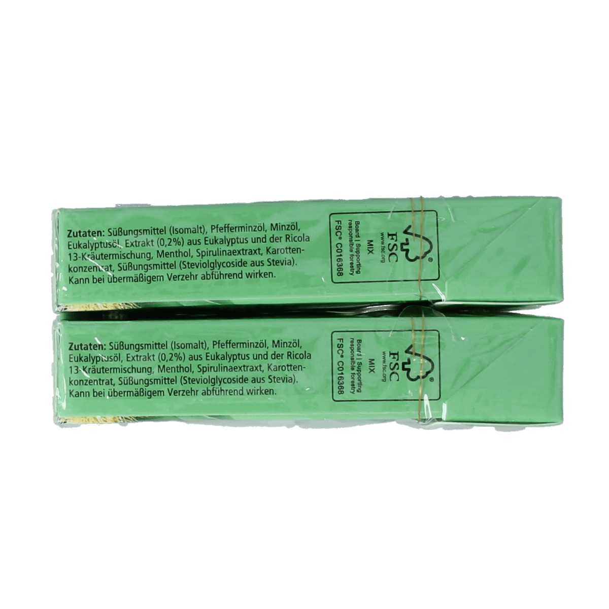 Ricola Eucalyptus sugar-free lozenges in a duo pack, 100 grams each, displayed in a clear view of the candy packaging