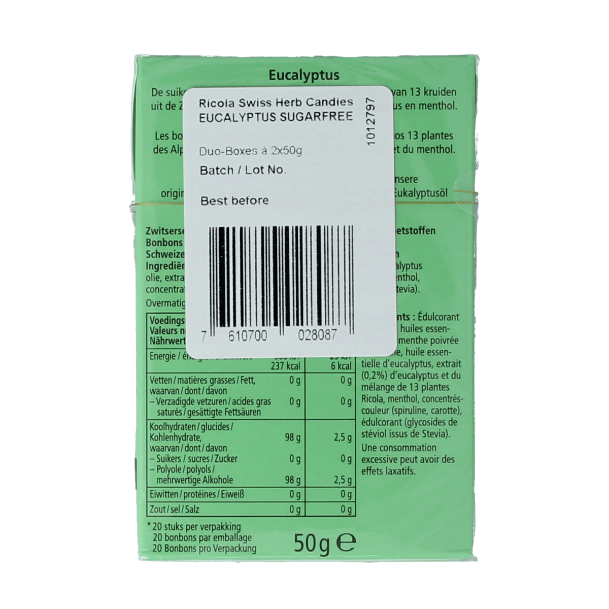 Ricola Eucalyptus sugar-free lozenges in a duo pack, 100 grams each, featuring natural eucalyptus flavor for soothing relief.