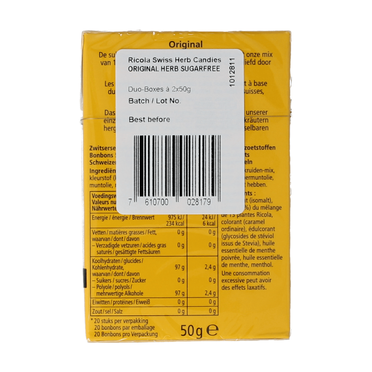 Ricola Original sugar-free lozenges in a duo pack, 100 grams each, showing the herbal candies in their packaging.