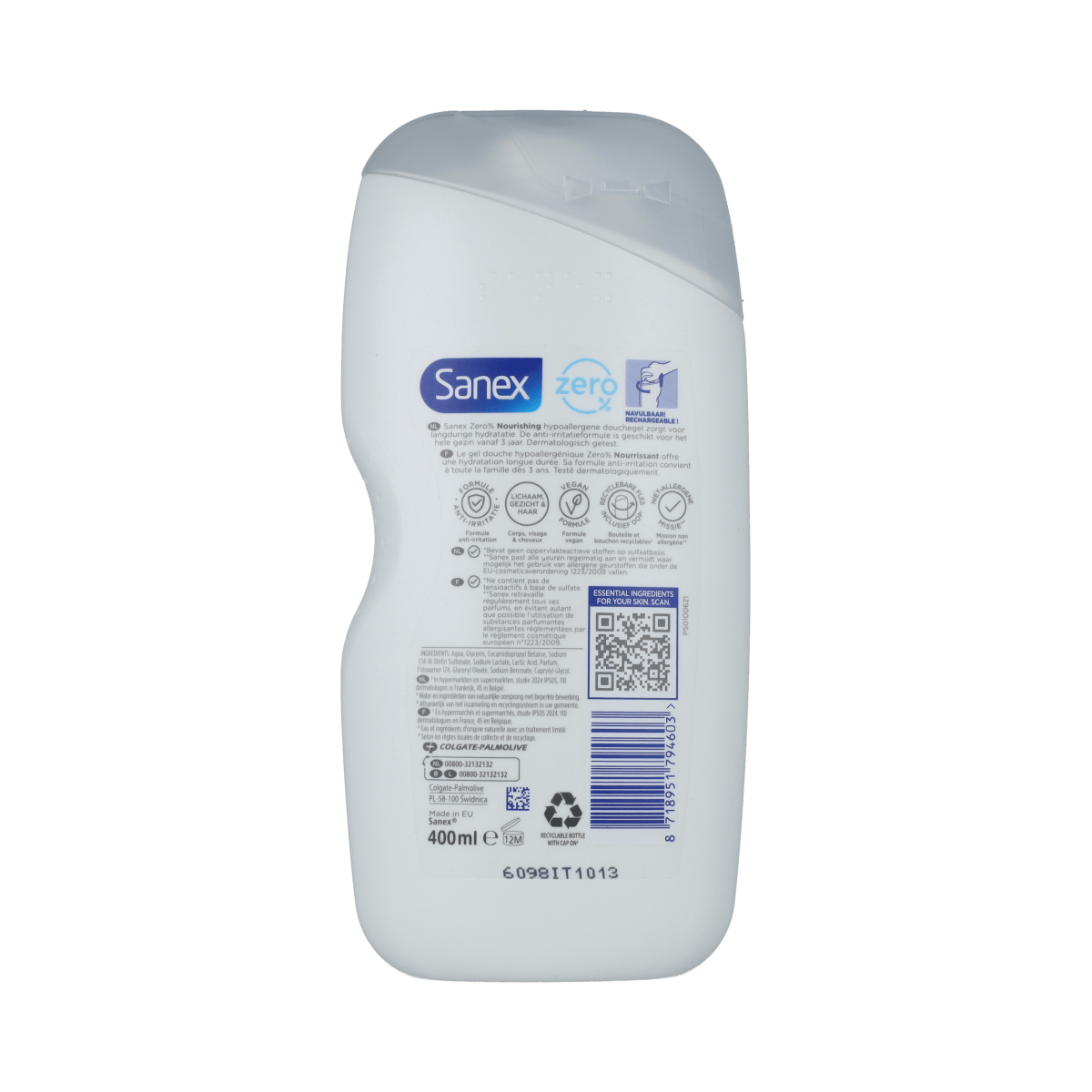 Sanex Douchegel zero% droge huid in 400ml bottle, gentle bad en douche product for sensitive skin, transparent packaging.