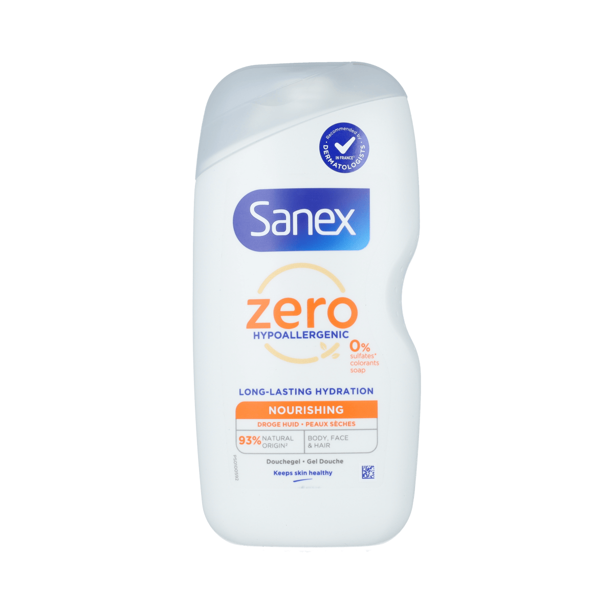 Sanex Douchegel Zero% droge huid in 400ml bottle, moisturizing bad en douche product for sensitive skin.