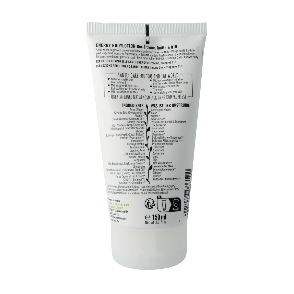 Sante Energy Bodylotion 150ml in a white bottle, smooth texture, designed for nourishing and energizing body skincare.