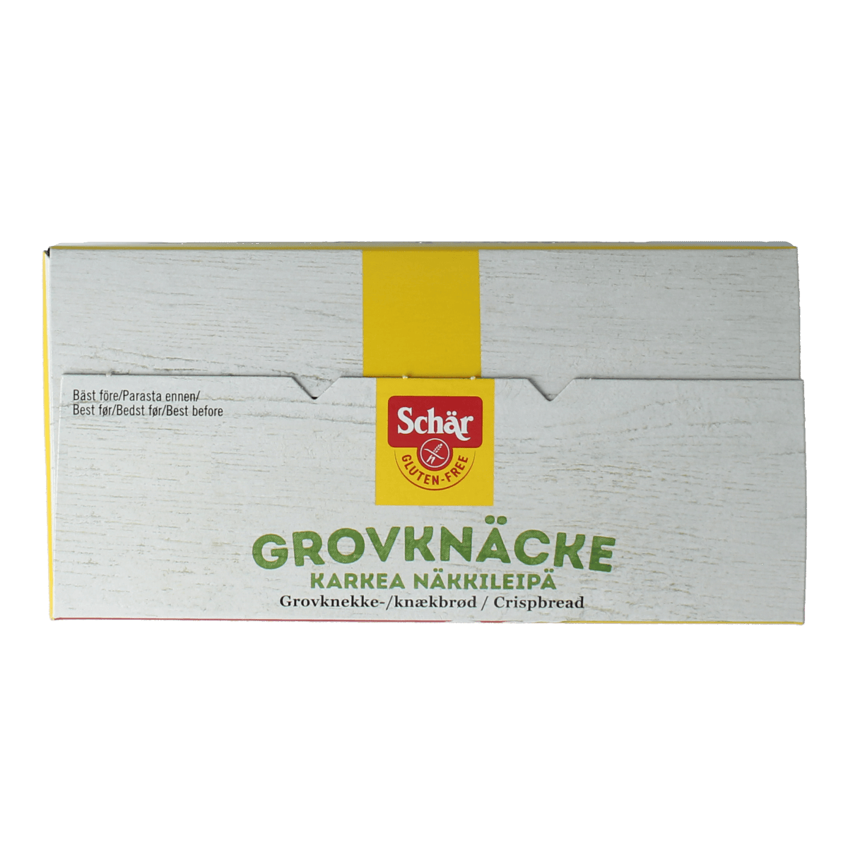Schar Knackebrod vezelrijk glutenvrij crackers in a package, showcasing the gluten-free crisp bread product.